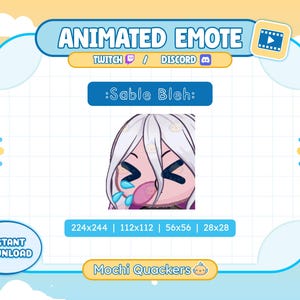 May include: Animated emote graphic with the text ":Sable Bleh:" and a cartoon character with white hair and a pink face. The graphic includes the text "TWITCH / DISCORD" and "INSTANT DOWNLOAD". The image is in a blue and yellow frame.