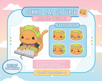 May include: Animated GIFtuber of a cartoon gecko cat wearing a green and purple hoodie, holding a keyboard and looking at the screen. The image includes four expressions of the gecko cat: happy, surprised, sad, and angry. The text "GEKKO CAT GIFTUBER" and "ANIMATED PNGTUBER" is at the top of the image. The text "4 Expressions" is below the four expressions. The text "Ready to Use GIFtuber", "Looping Animation", "Silent & Speaking GIFs", "INSTANT DOWNLOAD", and "Mochi Quackers" is at the bottom of the image.