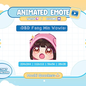 Może przedstawiać: Animowana grafika emotikonów dla Twitch i Discord z postacią z kreskówki z różową bluzą z kapturem i dużymi oczami. Tekst brzmi ":DBD Feng Min Wowie:" i "Mochi Quackers". Zawiera wymiary: 224x244, 112x112, 56x56 i 28x28.