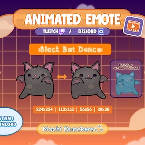 May include: Animated emote graphic featuring a black bat in a dancing pose, with a rainbow version included. The image includes the text "Animated Emote", "Twitch", "Discord", and "Instant Download".