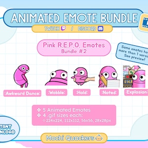 ANIMOWANY pakiet emotikon | Pastelowy różowy R.E.P.O.: Niezręczny taniec (twerk), chwianie się, trzymanie, notatka, eksplozja wózka | Transmisja na Twitchu i Discord Emoji