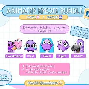 Peut inclure: Ensemble d'émotes animées pour Twitch et Discord avec cinq personnages de couleur lavande aux expressions et actions différentes. Les émotes sont intitulées "Love Potion", "Cry", "Rave", "Spin", et "Shoot". Le pack comprend cinq émotes animées en quatre tailles différentes : 224x224, 112x112, 56x56, et 28x28 pixels.