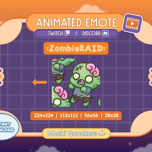 May include: Animated Twitch and Discord emote featuring a green zombie with a pink brain. The emote is titled "ZombieRAID:" and is available in four different sizes: 224x224, 112x112, 56x56, and 28x28. The emote is designed by Mochi Quackers.