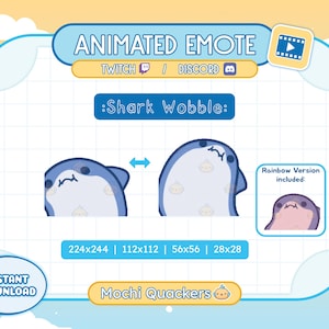 May include: Animated Twitch and Discord emote of a blue shark with a white belly, wobbling from side to side. The emote is available in four sizes: 224x244, 112x112, 56x56, and 28x28. The emote is called "Shark Wobble" and is created by Mochi Quackers. A rainbow version of the emote is also included.