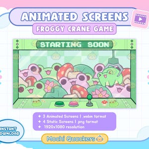 May include: Animated screen display for a froggy crane game. The screen shows a claw machine filled with cartoon frogs, mushrooms, and flowers. The text "STARTING SOON" is displayed on the screen. The image includes the text "3 Animated Screens | webm format", "4 Static Screens | png format", and "1920x1080 resolution".