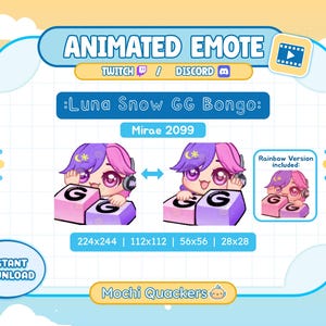 May include: Animated emote of a cartoon character with pink and purple hair, wearing headphones, and playing a bongo drum with the letter "G" on it. The text "Luna Snow GG Bongo" is displayed above the character. The image includes the text "Instant Download".