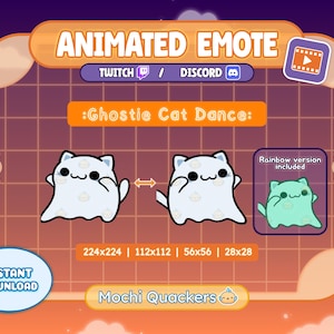 May include: Animated emote graphic featuring a ghost-like cat dancing. The image includes the text "Animated Emote", "Twitch", "Discord", and "Instant Download". The sizes are listed as 224x224, 112x112, 56x56, and 28x28.
