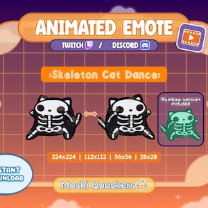 Pode incluir: Emote animado com um gato esqueleto preto e branco dançando. A imagem inclui o texto "Animated Emote", "Twitch", "Discord" e "Instant Download". Uma versão arco-íris também está incluída. Tamanhos: 224x224, 112x112, 56x56 e 28x28.