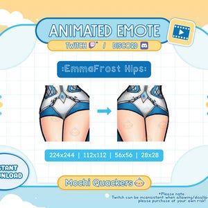 Könnte beinhalten: Animiertes Emoji von einer Frau, die eine weiße und blaue Kleidung trägt. Das Emoji ist in vier verschiedenen Größen verfügbar: 224x244, 112x112, 56x56 und 28x28. Das Emoji heißt "EmmaFrost Hips" und ist für Twitch und Discord verfügbar. Der Text "Mochi Quackers" ist ebenfalls im Bild zu sehen.