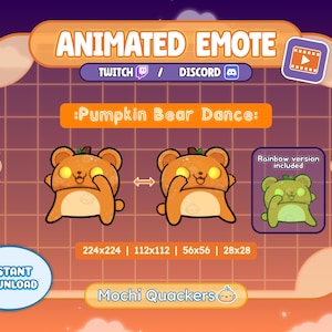 May include: Animated emote graphic of a pumpkin bear dancing, with text including "Animated Emote," "Twitch," and "Discord." The image shows various size options and a "Rainbow version included" option. The words "Instant Download" are also present.