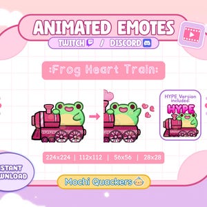 Könnte beinhalten: Animierte Emotes für Twitch und Discord mit einem Frosch auf einem Zug, mit dem Text ":Frog Heart Train:". Das Design verwendet Rosa und Grün, mit einer "HYPE"-Version enthalten. Sofortiger Download verfügbar.