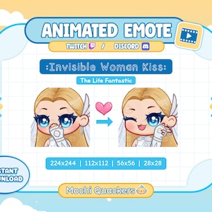 May include: Animated emote graphic for Twitch and Discord, showing a cartoon woman with blonde hair and blue eyes. The text reads ":Invisible Woman Kiss: The Life Fantastic." Includes size options: 224x244, 112x112, 56x56, and 28x28. Instant download.