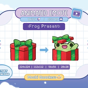 May include: Animated Twitch and Discord emote featuring a green frog peeking out of a red and green gift box. The emote is titled "Frog Present" and is available in four sizes: 224x224, 112x112, 56x56, and 28x28. The emote is created by Mochi Quackers.