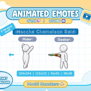 May include: A digital graphic displaying animated emotes titled Meccha Chameleon Raid for Twitch and Discord. It features two white stick figures, one labelled Hider with arms raised and one labelled Seeker holding a colourful rifle, with size options.