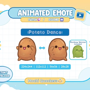Pode incluir: Gráfico de emote animado para Twitch e Discord. O design apresenta dois personagens de batata marrom dançando, com uma versão arco-íris incluída. O texto na imagem diz "Potato Dance" e "Download instantâneo."