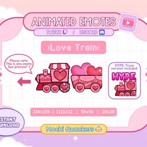 May include: Animated Twitch and Discord emote featuring a pink and red train with hearts and the text "Love Train". The emote is available in four sizes: 224x224, 112x112, 56x56, and 28x28.