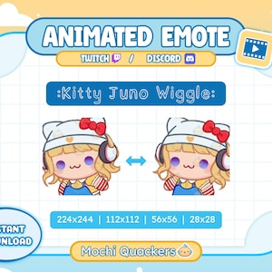 May include: Animated emote graphic featuring a cartoon character with blonde hair, wearing a white hat with a red bow and headphones. The text "Kitty Juno Wiggle" is displayed, along with size dimensions and the words "Instant Download".