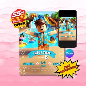 May include: A birthday invitation featuring a cartoon character in a blue and white shirt, holding a blue and white inflatable ring. The invitation is for William's 8th birthday party, which is being held on 19th April at 11:00 am. The invitation includes the address and RSVP information.