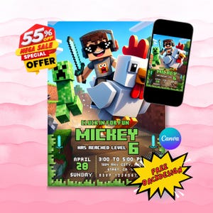 Unofficial Chicken Jockey Birthday Invitation: Mine Gamer Theme birthday invite (Canva Template, Digital Download)
