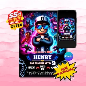 Roblox Birthday Invitation: Gamer Neon Party, Editable Template (PDF Download)