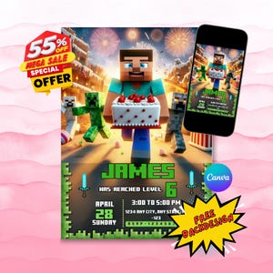 Editable Mine Crafter Birthday Invitation: Gamer Theme (Digital Download)