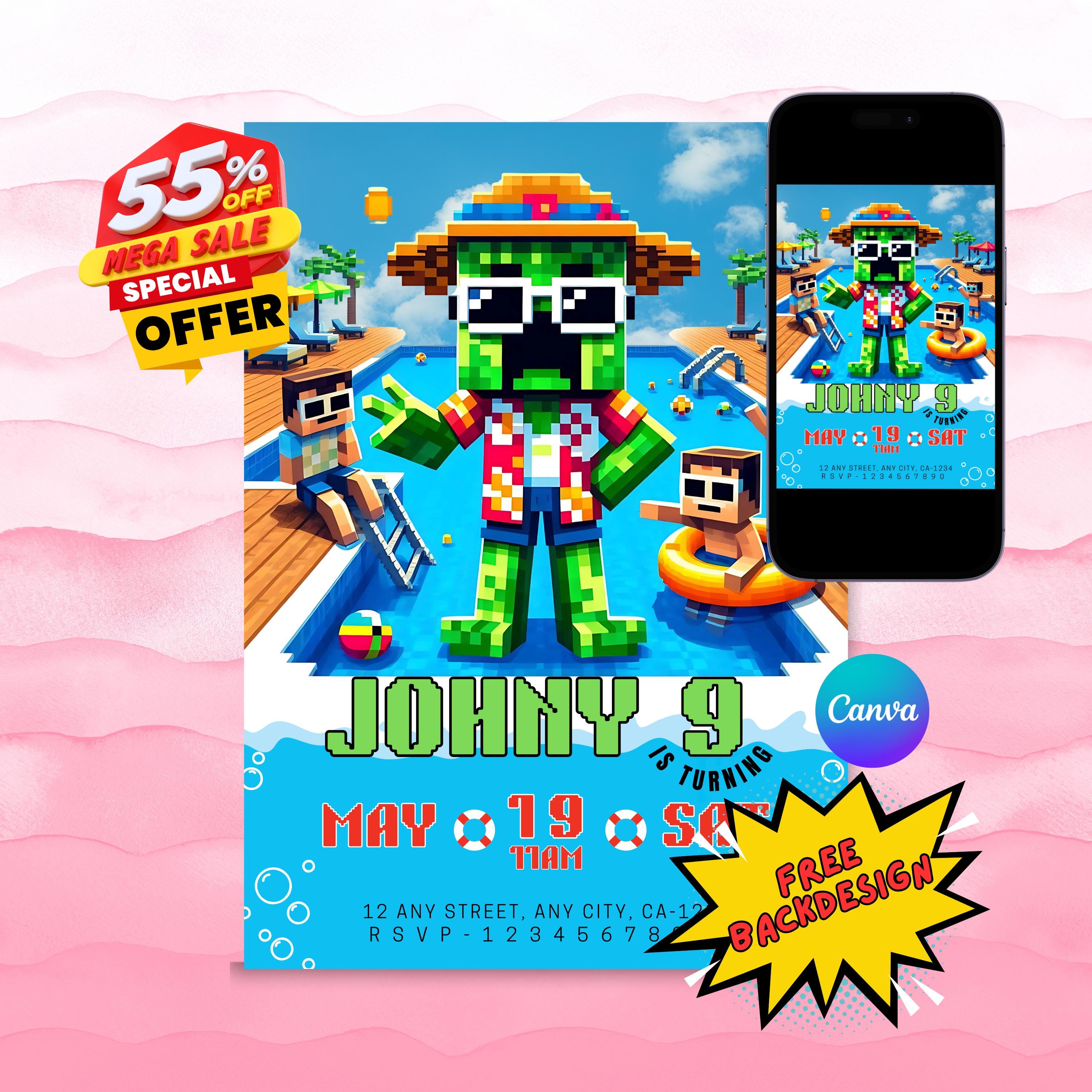 Minecrafter Pool Party Invite – Duplicate