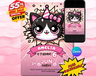 Pink Kawaii Kitty Birthday Invitation Template, cute kitty party invitation (Digital Download, 5x7 in Canva
