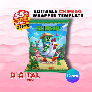 May include: A digital chip bag template with a Minecraft theme. The bag features a green and blue design with the name "Shawn" and various Minecraft characters. Text includes "Editable Chipbag Wrapper Template", "Mega Sale Special Offer", and "Digital Only".