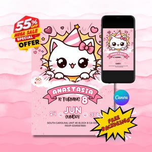 Bearbeitbar Süße Kawaii Kitty Einladung, Kawaii Kitty Einladung, Kitty Thema Kinder Geburtstagseinladung, süße Kitty Kawaii Einladung