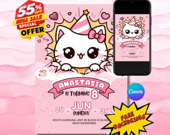 Pink Kawaii Kitty Birthday Invitation Template, Pink kitty birthday invite for girls (Digital Download, 5x7 in Canva File)