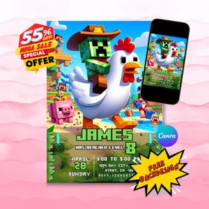 Unofficial Chicken Jockey Birthday Invitation: Gamer Theme (Canva Template, Digital Download)