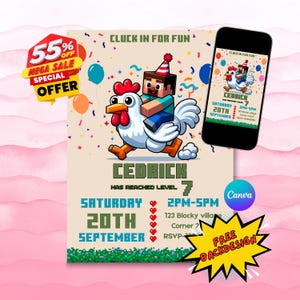 Unofficial Chicken Jockey theme Birthday Invitation: Gamer Party, Birthday quest (Canva Template, Digital Download)