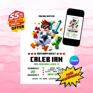 Unofficial Chicken Jockey Birthday Invitation, Mine Crafter Gamer Theme (Canva Template, Digital Download)