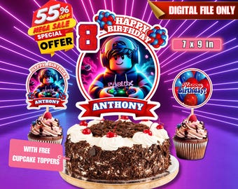 May include: A digital printable cake topper featuring a Roblox character with the text "Happy Birthday" and the number "8". The topper also includes a banner with the name "Anthony" and a separate cupcake topper with the text "Happy Birthday!" in a circle with balloons.