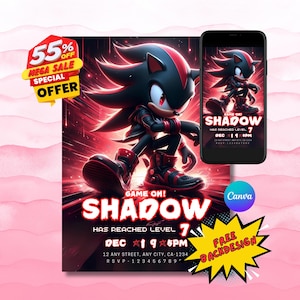 Bearbeitbare Sonic Shadow Hedgehog Einladung, Shadow the Hedgehog Geburtstagseinladung, Sonic Shadow Einladung, Sonic the Hedgehog 3.