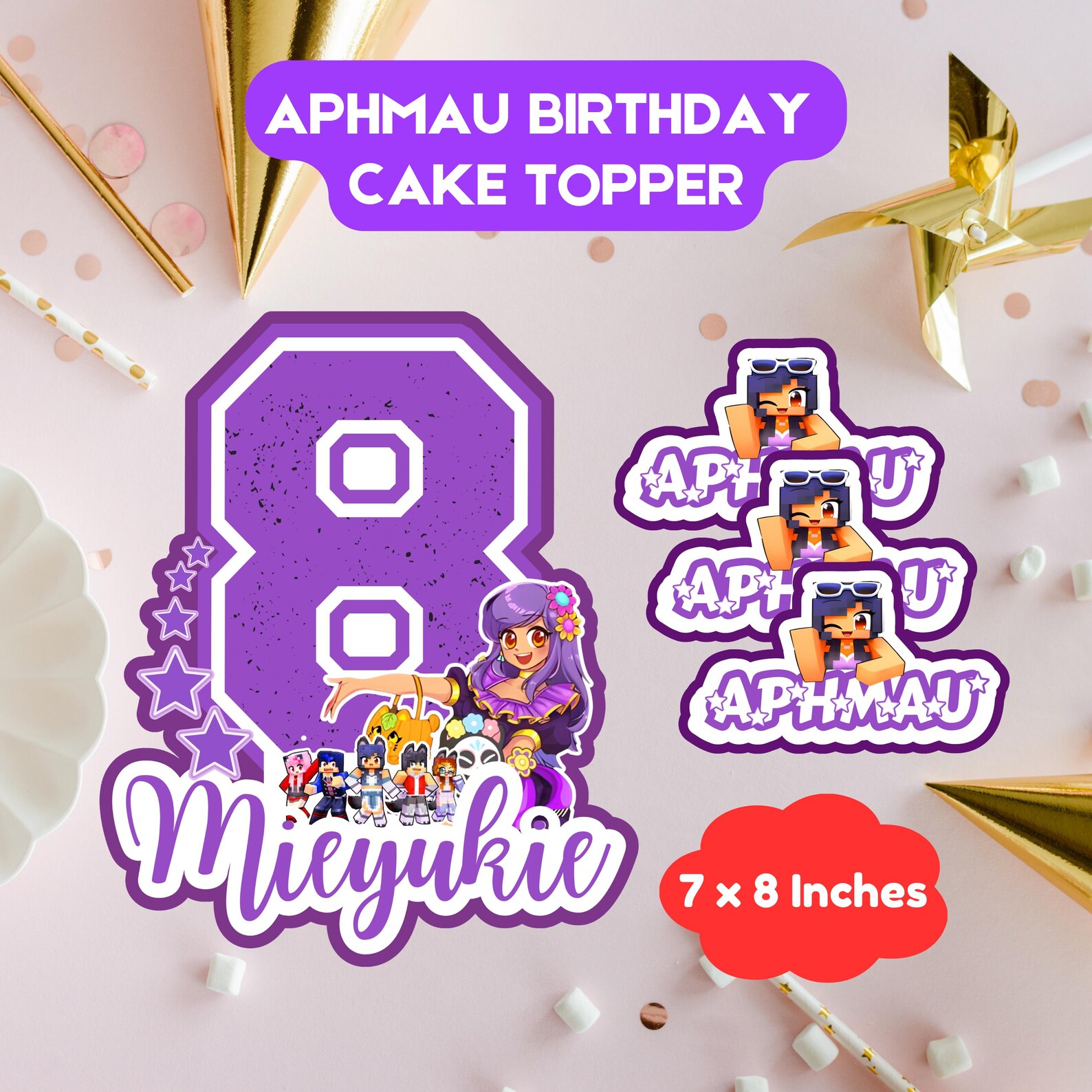 Personalized Aphmau Cake Topper Purple Birthday Party Decoration (PDF