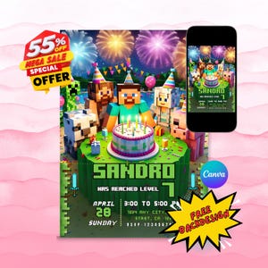 Editable Pixel Adventure Birthday Invitation: Mine Gamer Theme (Digital Download)