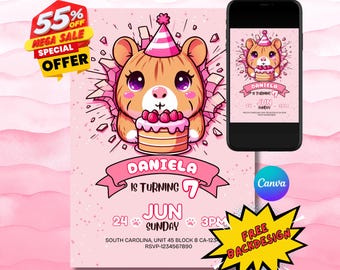 Customizable Capybara Birthday Invitation Template (Digital Download, 5x7 in Canva PDF