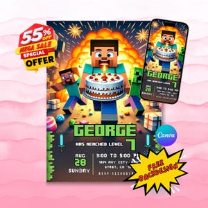 Editable Mine Gamer Birthday Invitation Template (Digital Download, 5x7 in)