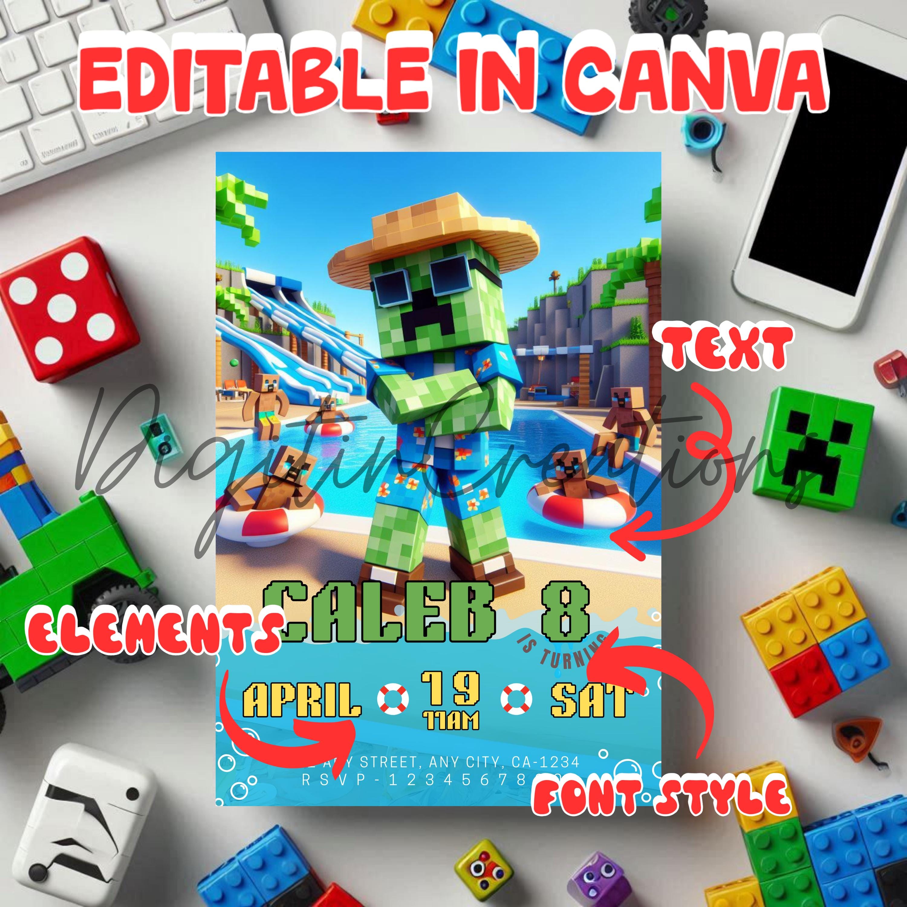 Creeper Pool Party Invite