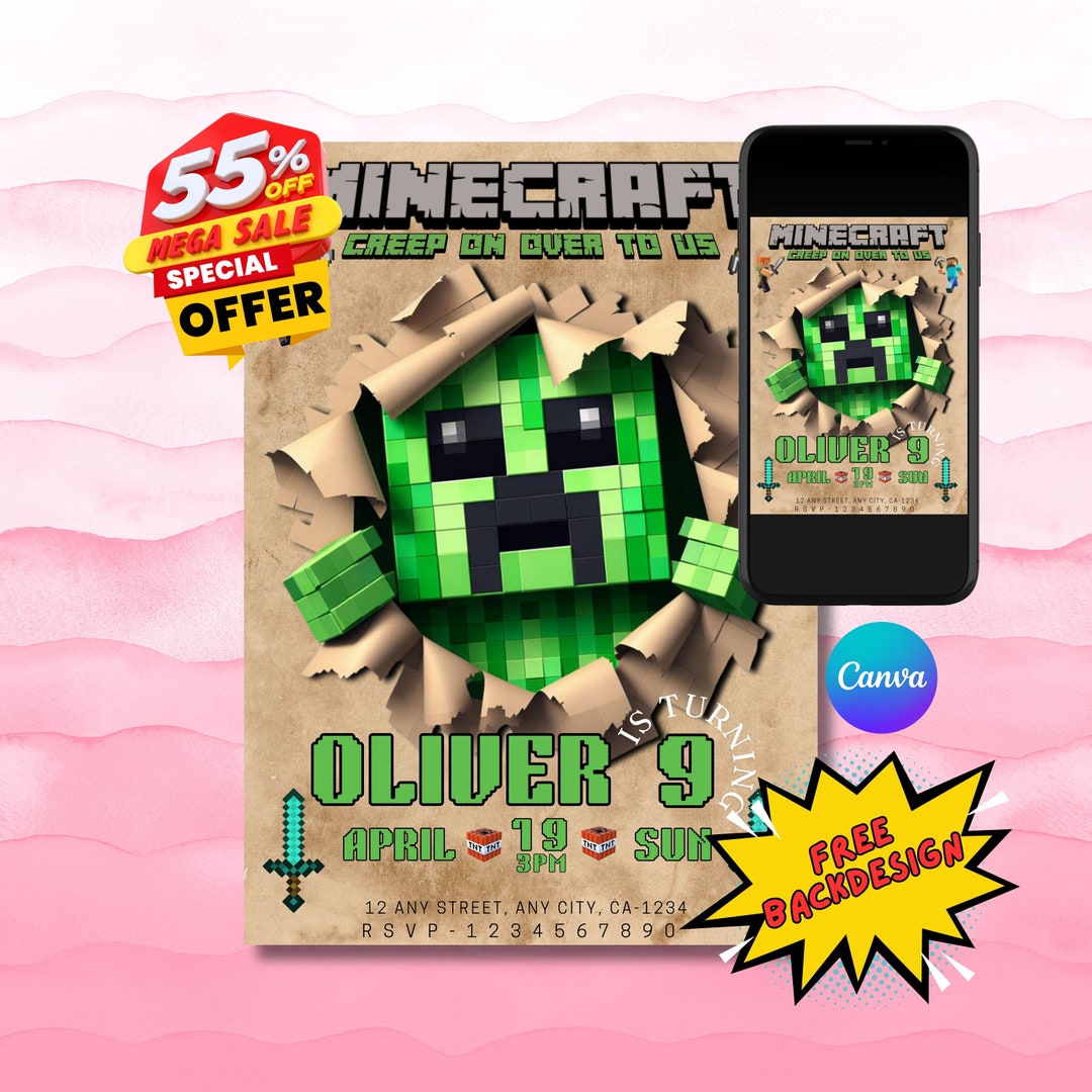 Editable Minecraft Creeper Birthday Invitation, Minecraft Creeper ...