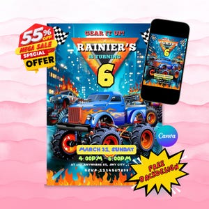 Monster Truck Birthday Invitation: Editable Canva Template (Digital Download 5x7in PDF File)