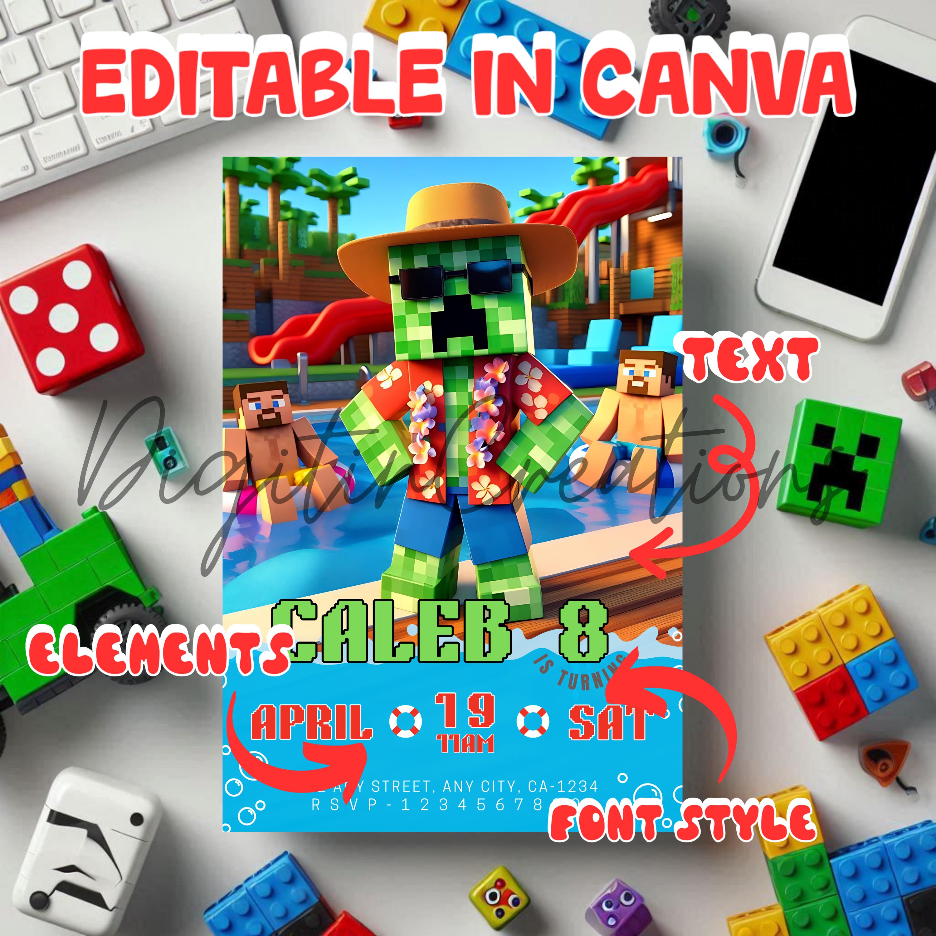 Minecrafter Pool Party Invite – Editable