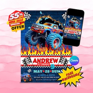 Monster Truck Birthday Invitation: Editable Canva Template (Digital Download 5x7in PDF File)