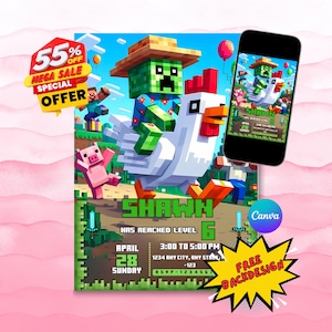Unofficial Chicken Jockey Birthday Invitation: Gamer Party, Mine Crafter (Canva Template - Digital Download)