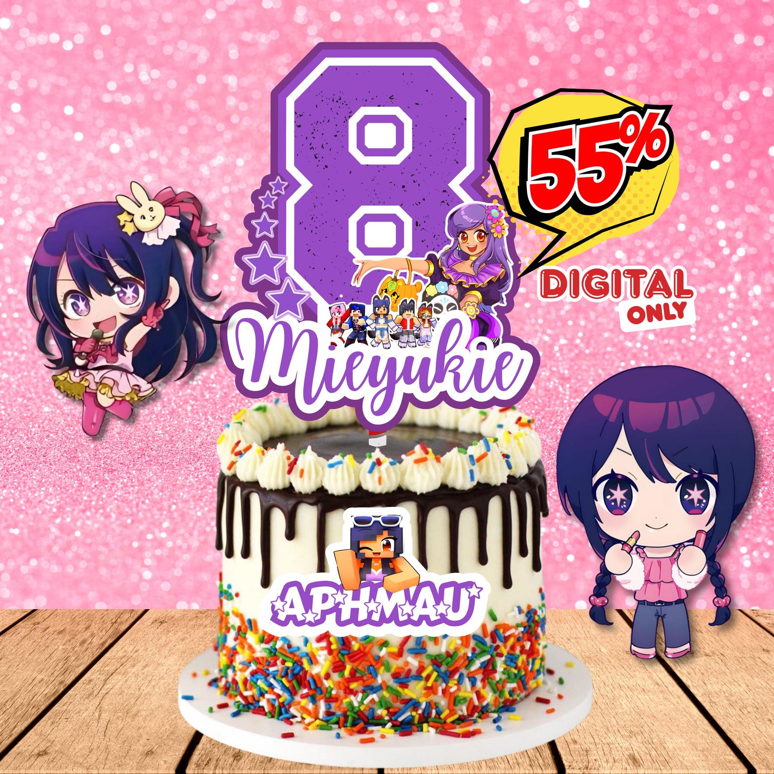 Personalized Aphmau Cake Topper Purple Birthday Party Decoration (PDF