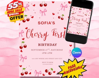 Invito per il primo compleanno a tema ciliegie: dolce festa a tema frutti di bosco, modello Canva modificabile (download PDF)
