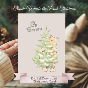 Pooh Bear Oh Bother-kaart, klassieke originele Winnie-de-Pooh verstopt achter kerstboom, zachte kleuren, eenvoudige doe-het-zelf afdrukbare kerstkaart