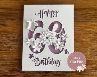 Card SVG 60th Birthday Popup Flowers & Turtle Insert Card Cut File for Cricut Crafters
