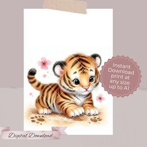 Cute Baby Tiger #1 Print, Soft watercolour digital art of a cute baby tiger cub playing, Nursery Print, Kids Room, Safari Animal Print